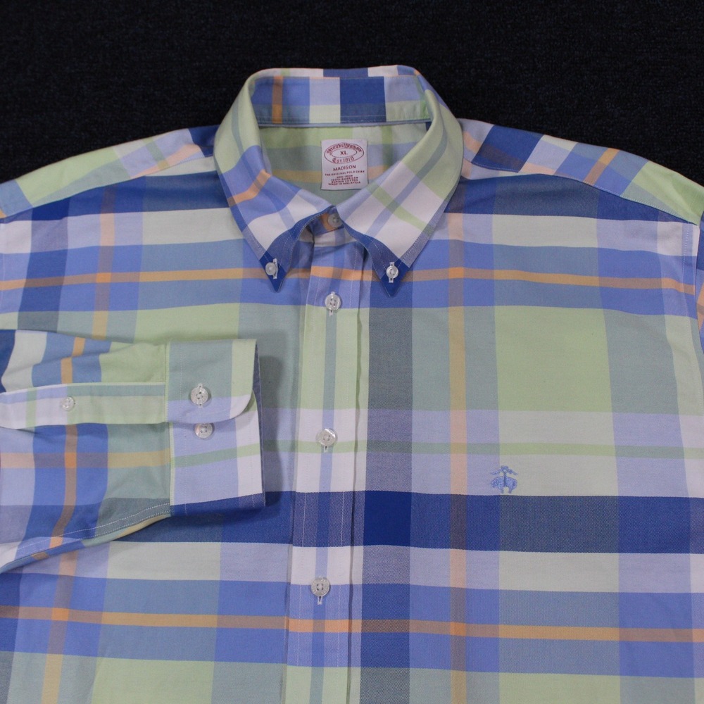 Brooks Brothers Madison Shirt XL Green Blue Plaid Non-Iron Supima Cotton